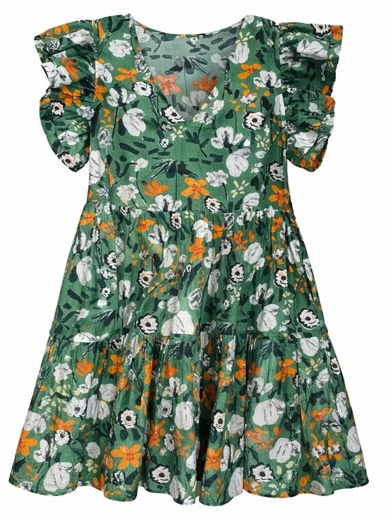 Green Floral Ruffle Sleeve Tiered Dress Size M Cotton Lined Boutique - Picture 1 of 8